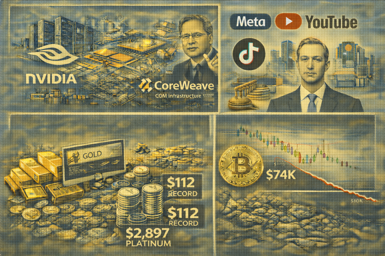 Nvidia bets $2bn on CoreWeave, Big Tech faces addiction trial, gold hits $5,100, and bitcoin teeters at $88K.