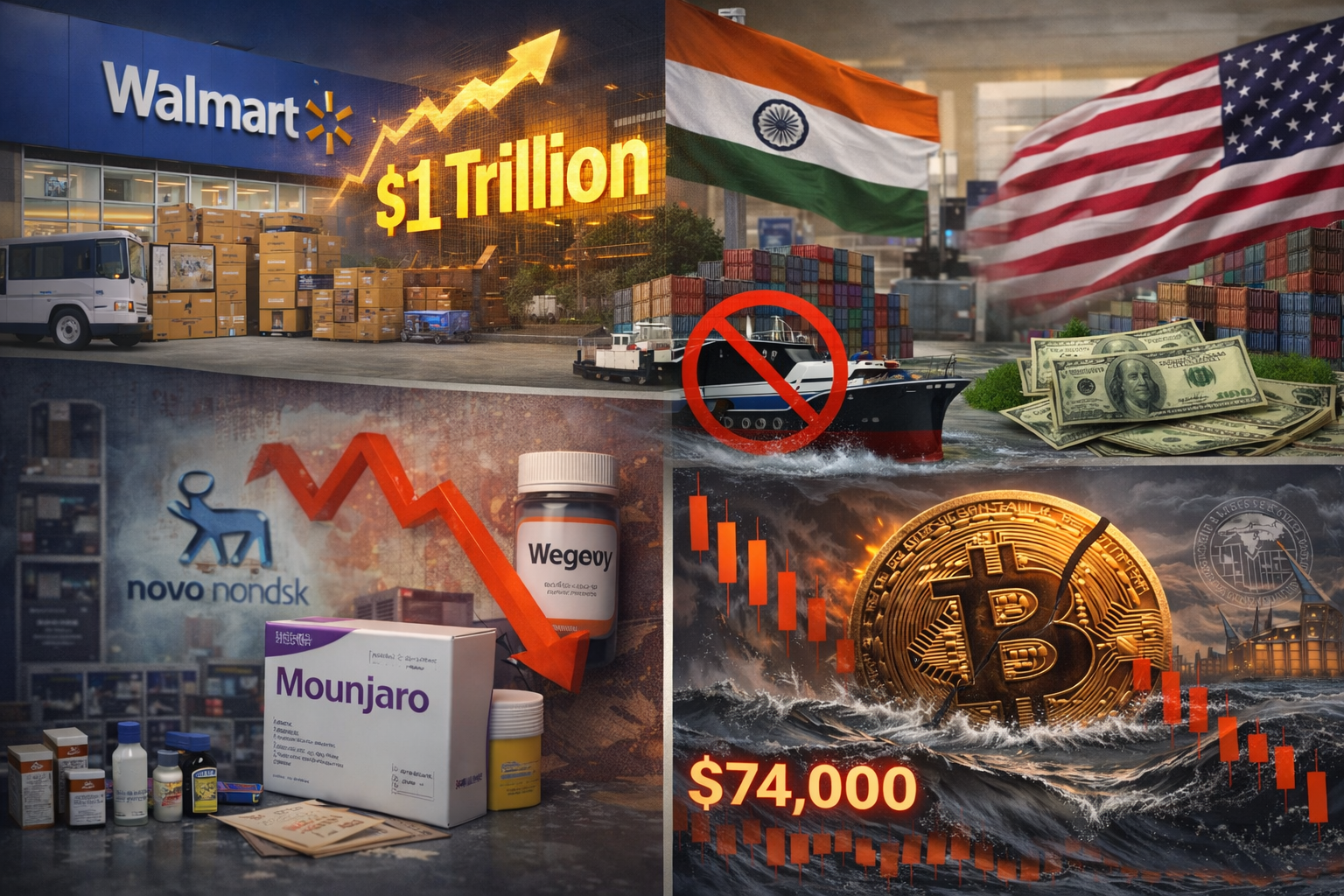 Walmart hits $1T, India cuts tariffs, Novo stumbles on outlook, and Bitcoin slides as liquidity tightens across global markets.