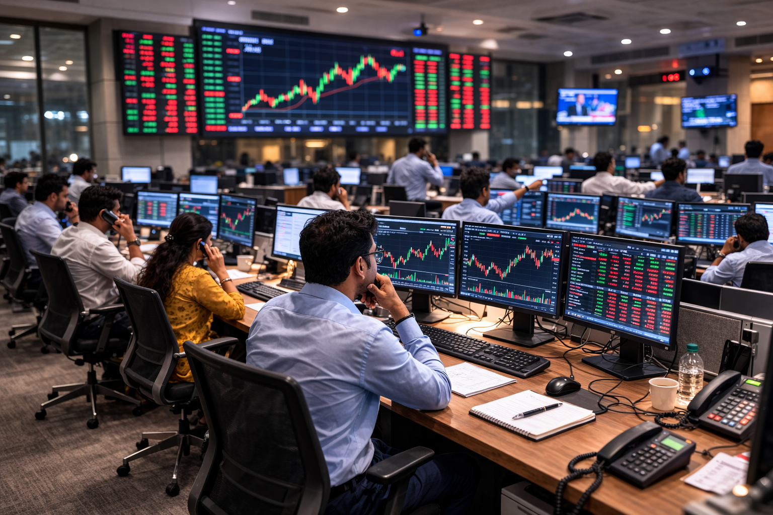 Traders sit at multiple desks in a busy dealing room, watching live stock charts and price boards across large monitors.