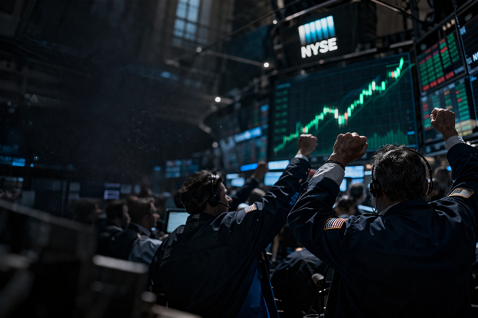 Traders on a crowded trading floor raise their fists as green market charts surge upward on large screens in the background.