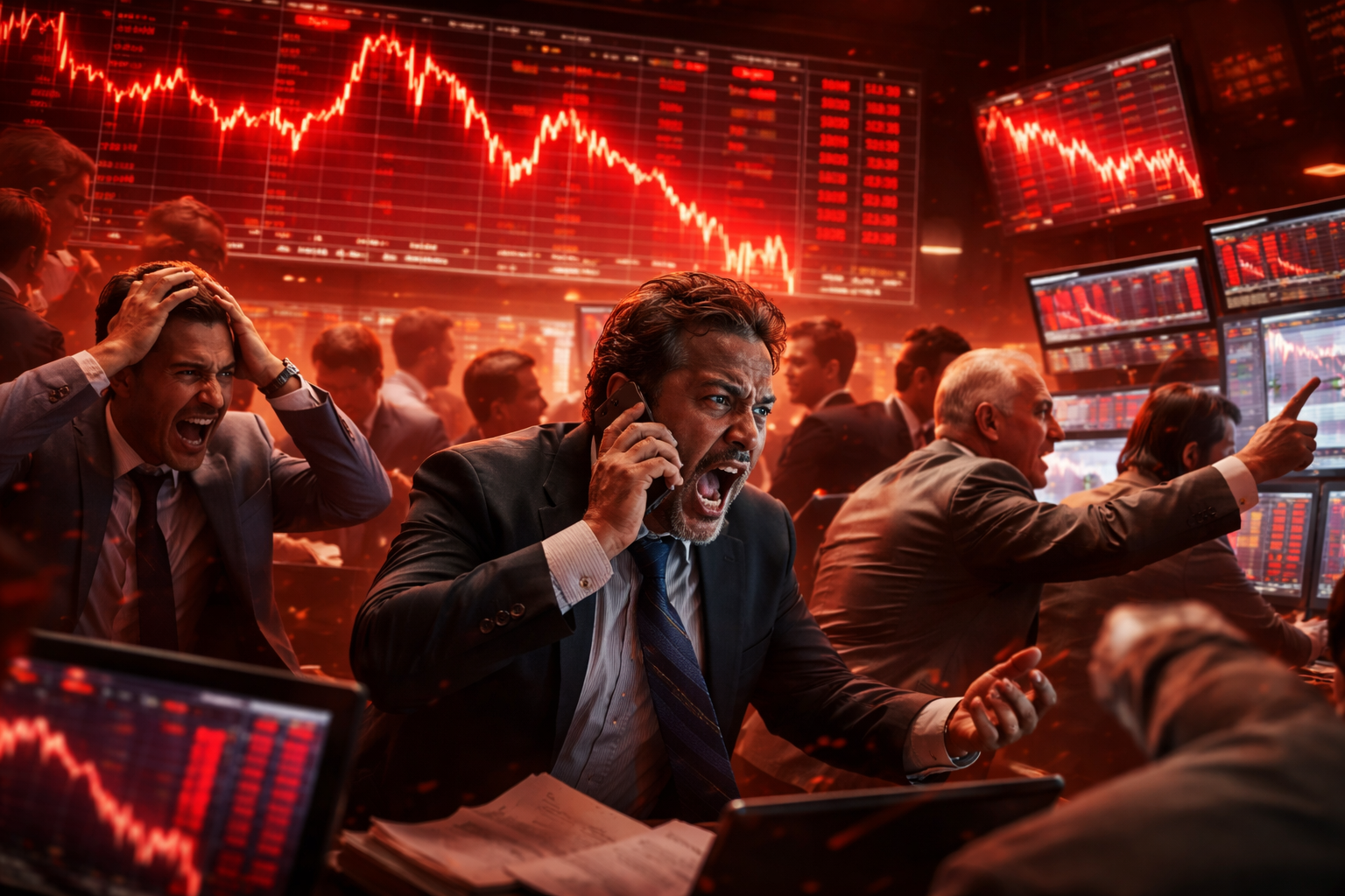 Panicked traders on a chaotic trading floor surrounded by collapsing red stock charts.