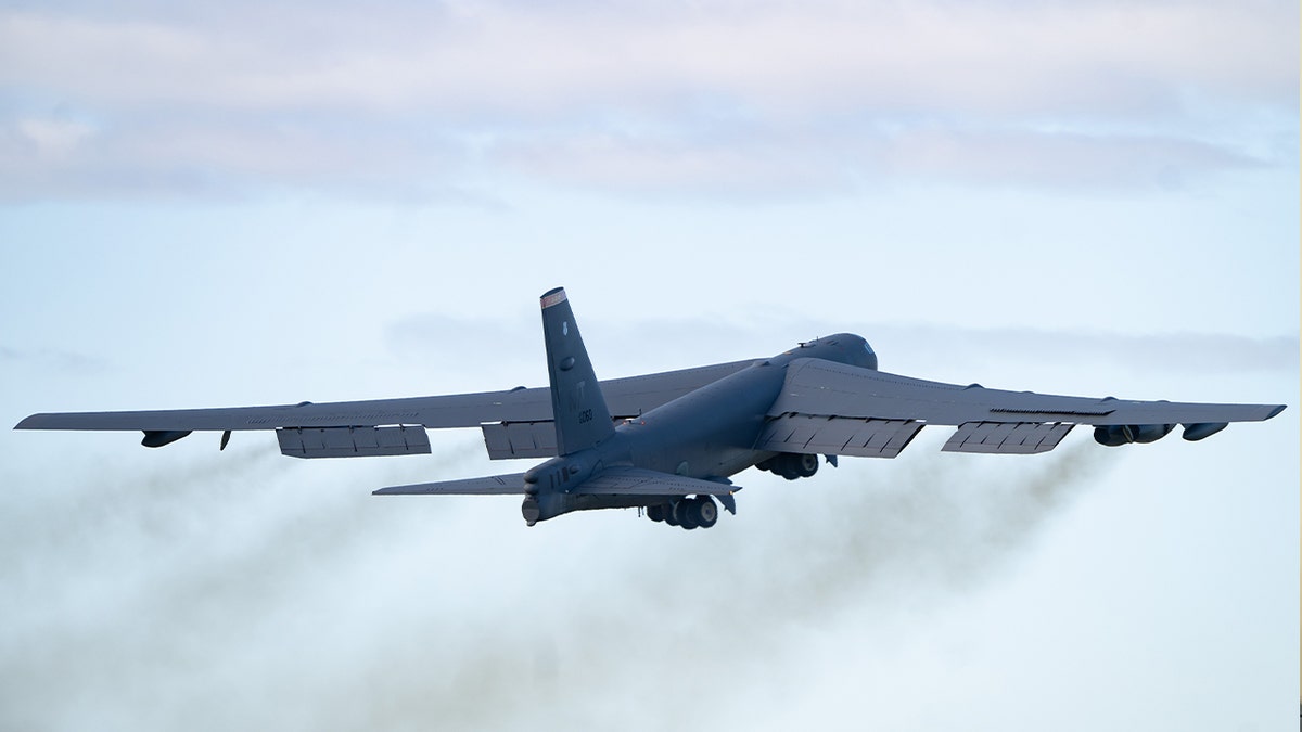 A Boeing B-52 Stratofortress bomber shortly after taking off from RAF Fairford on March 15, 2026 in Fairford, England. 