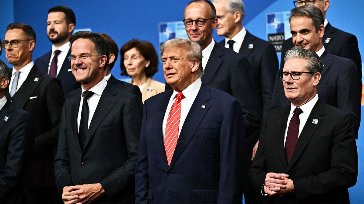 NATO Secretary General Mark Rutte, U.S. President Donald Trump and Britain's Prime Minister Keir Starmer